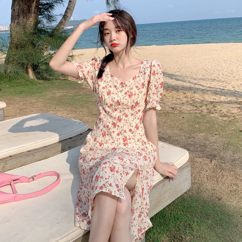 yikoo-Dress midi korea gaun bermotif bunga sifon wanita dres