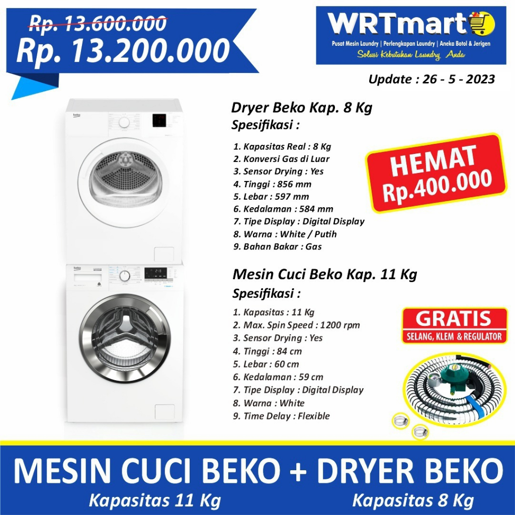 Paket Ekonomis Washer & Dryer Beko / Mesin Cuci Beko Kap. 11 kg + Mesin Pengering Pakaian Beko 8 kg 
