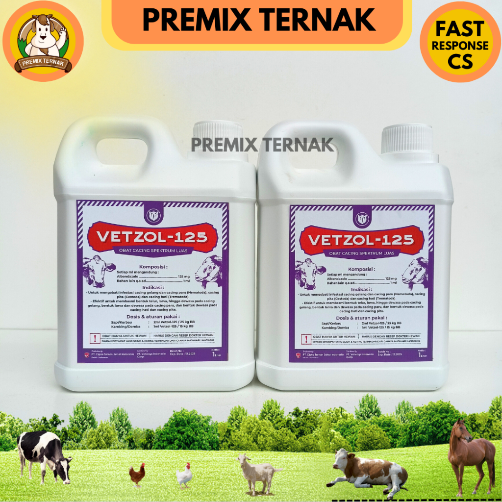 VETZOL 125 1 LITER - Obat Cacing Hewan Sapi Kambing Domba Babi Ayam - Ampuh