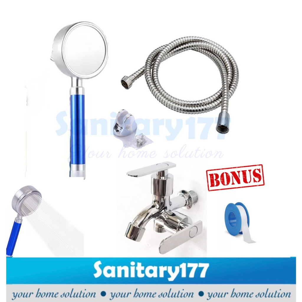 Paket Hemat bundling Shower spa ion hemat air Aluminium 1068 &amp; kran cabang- Hand shower set anti pecah kuat semprotan halus turbo dan kran double stainless