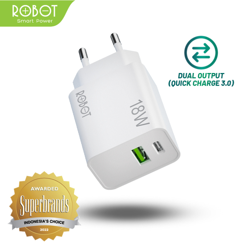 ROBOT Dual Port Charger Quick Charging RT-F2 QC 3.0 Micro USB Type-C Dual Output USB-A dan USB-C - Garansi 1 Tahun