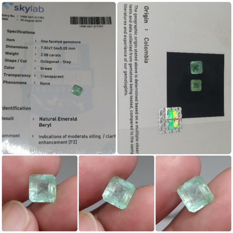 Natural emerald beryl Colombia 2 ct memo SkyLab zamrud Columbia bagus