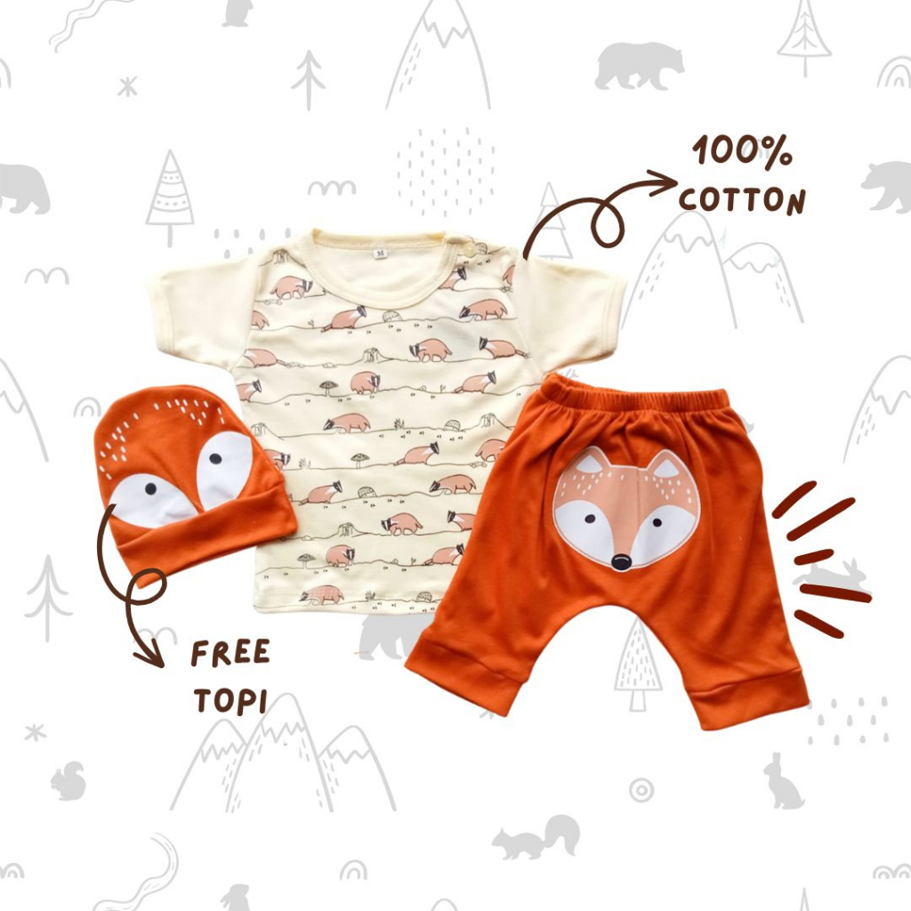 setelan anak laki laki set topi balita 1 2 tahun 6-12bulan setelan jogger lengan pendek FOX tee set baju anak laki laki