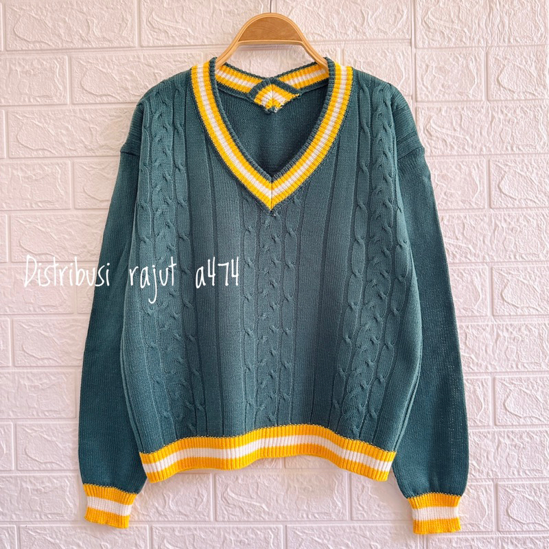 REBECA SWEATER RAJUT STRIPE MOTIF CABLE KERAH V WANITA KOREA ATASAN LENGAN PANJANG