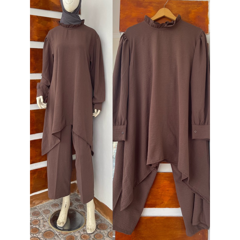 SETELAN TUNIK VIONI POLOS CRINKEL AIRFLOW PREMIUM/ONE SET LONG TUNIK CRINKEL/SET WANITA TERBARU