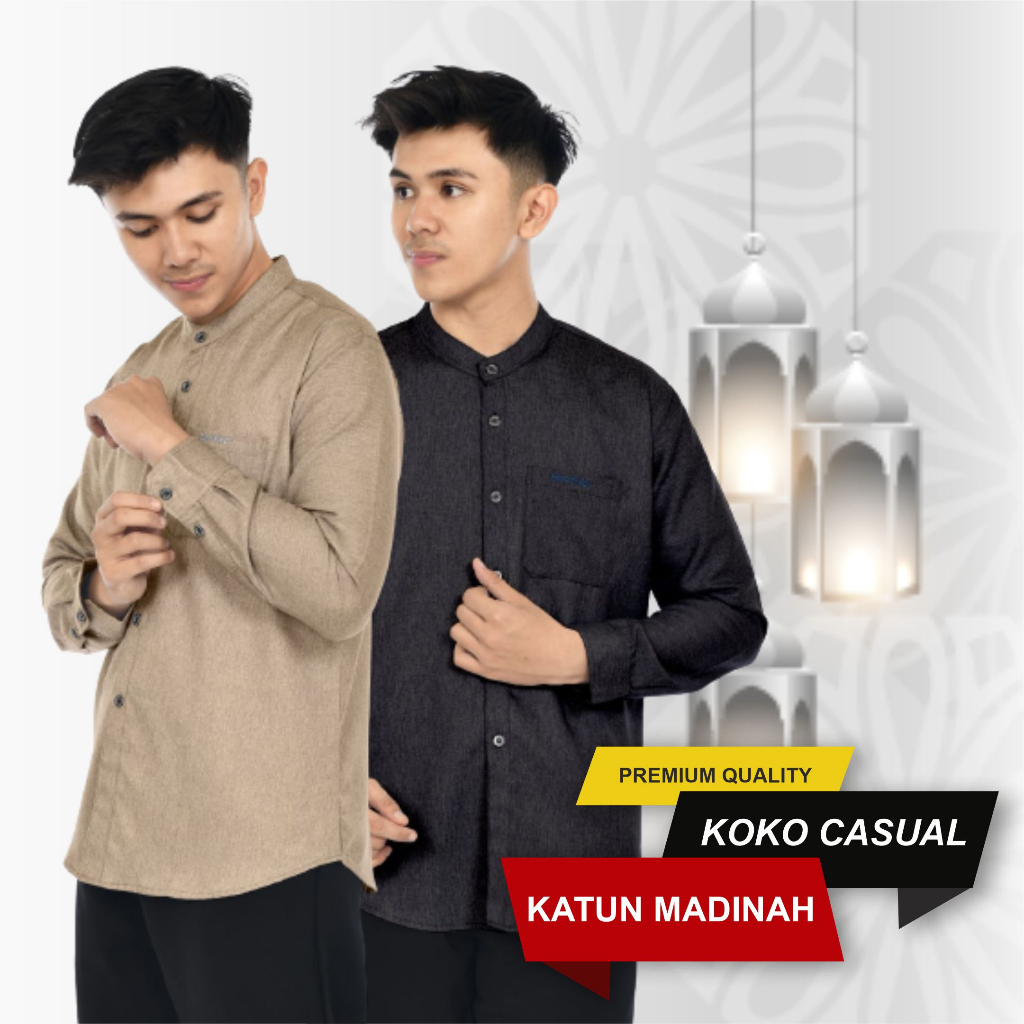 EMWE Kemeja Koko Pria Katun Madinah Premium Lengan Panjang Model Basic Polos Kerah Chiangi