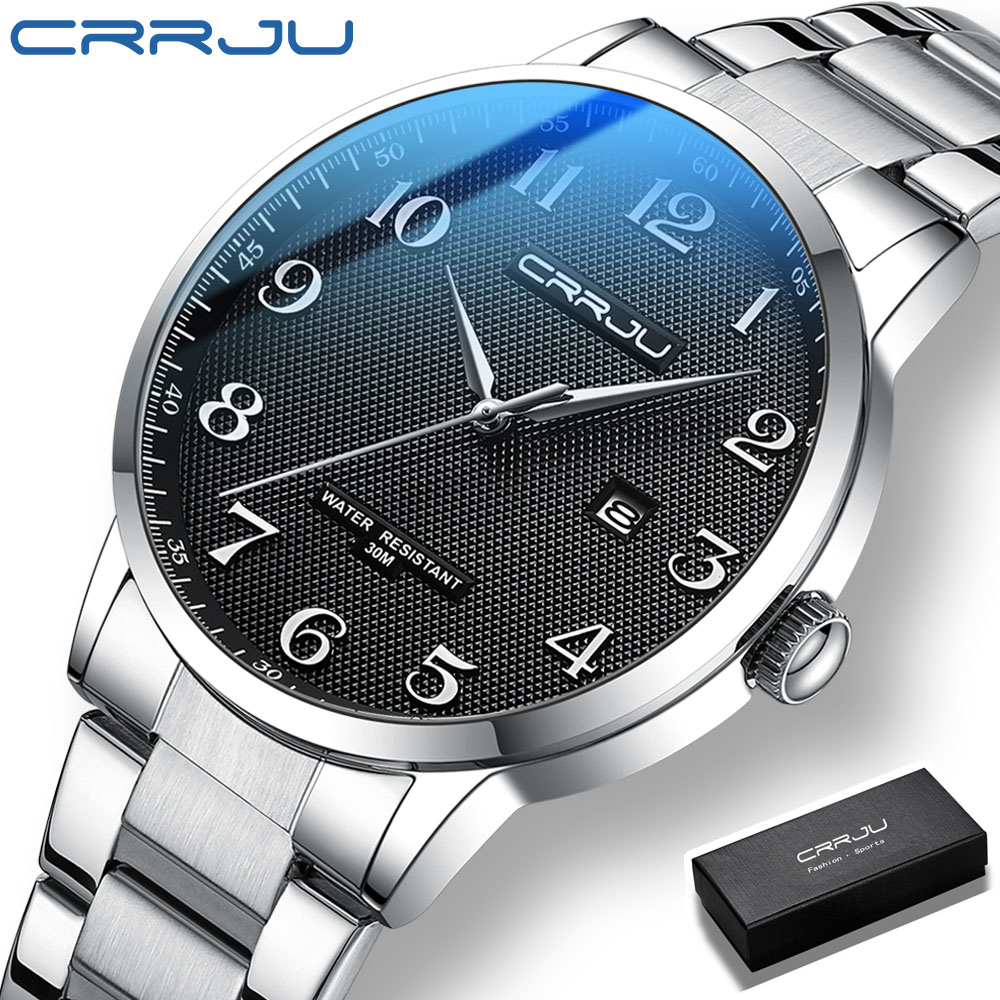 CRRJU Jam Tangan Pria Original Anti Air Tahan Air Fashion Korea Analog Kalender Stainless Steel Jam Tangan Cowok