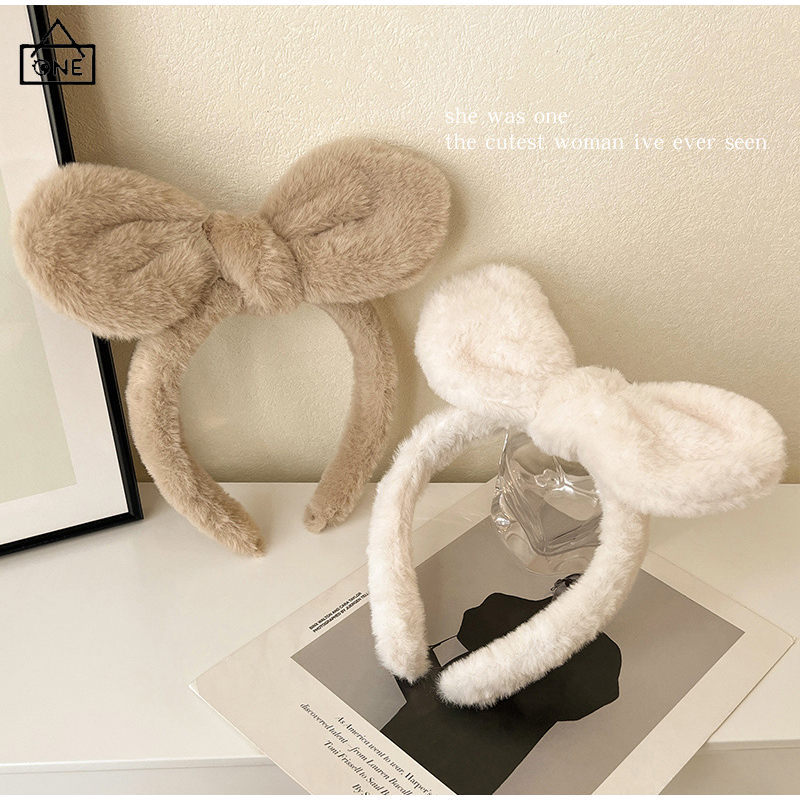 COD❤️Bando Fluffy Pita Lucu Korea Bulu Wanita Motif Kelinci Dasi kupu-kupu Ikat Kepala Cuci Muka Headband