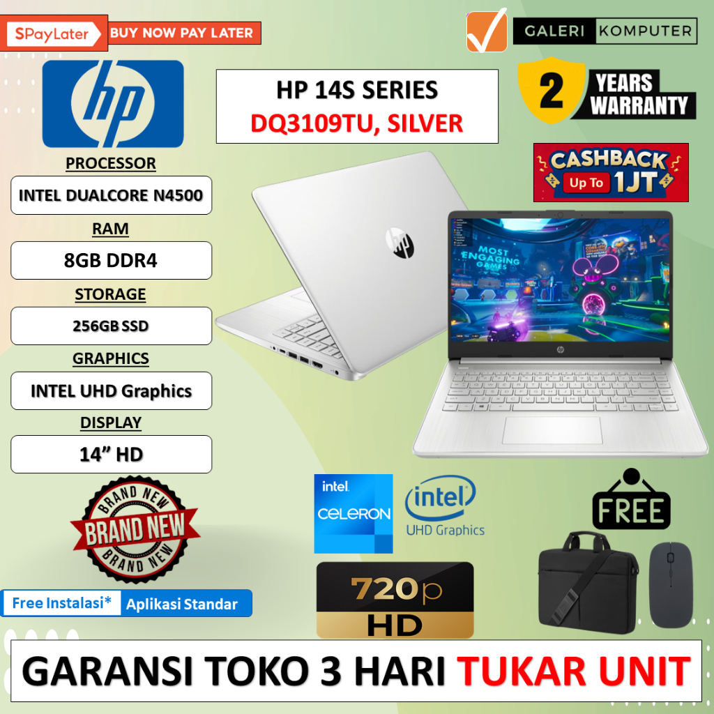 Laptop HP 14S DQ3109TU Intel Dual Core N4500 8GB 256GB 14&quot; Windows 11 Home Termurah