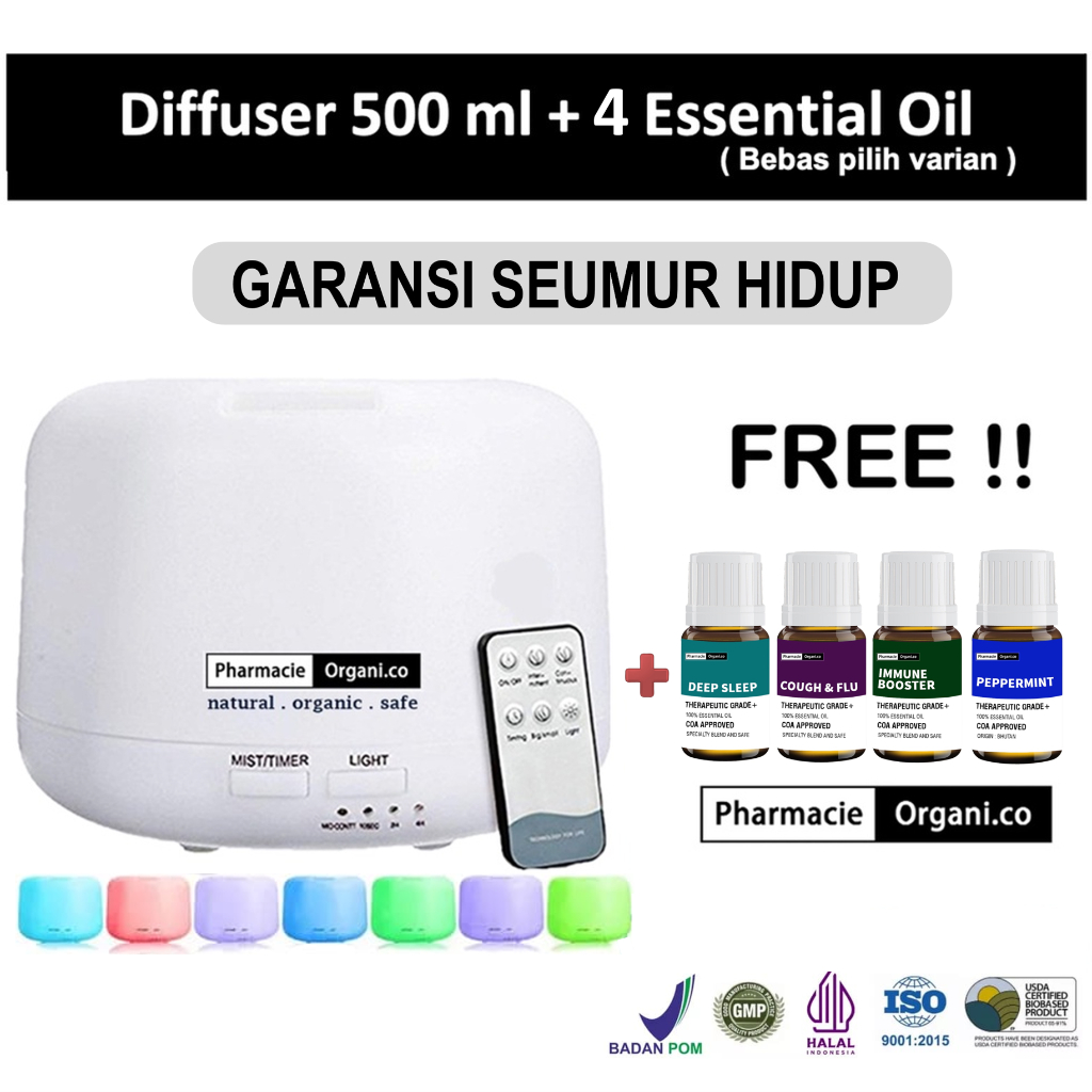 Diffuser Aromatherapy 500ml FREE 4 Essential Oil 10 ml by Pharmacie Organico Garansi Seumur Hidup