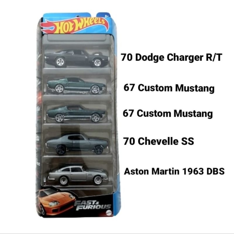 Hot Wheels Fast Furious Gift Pack 2023 isi 5 Mobil Dodge Charger 1 Custom Mustang 2 Chevelle 1 Aston