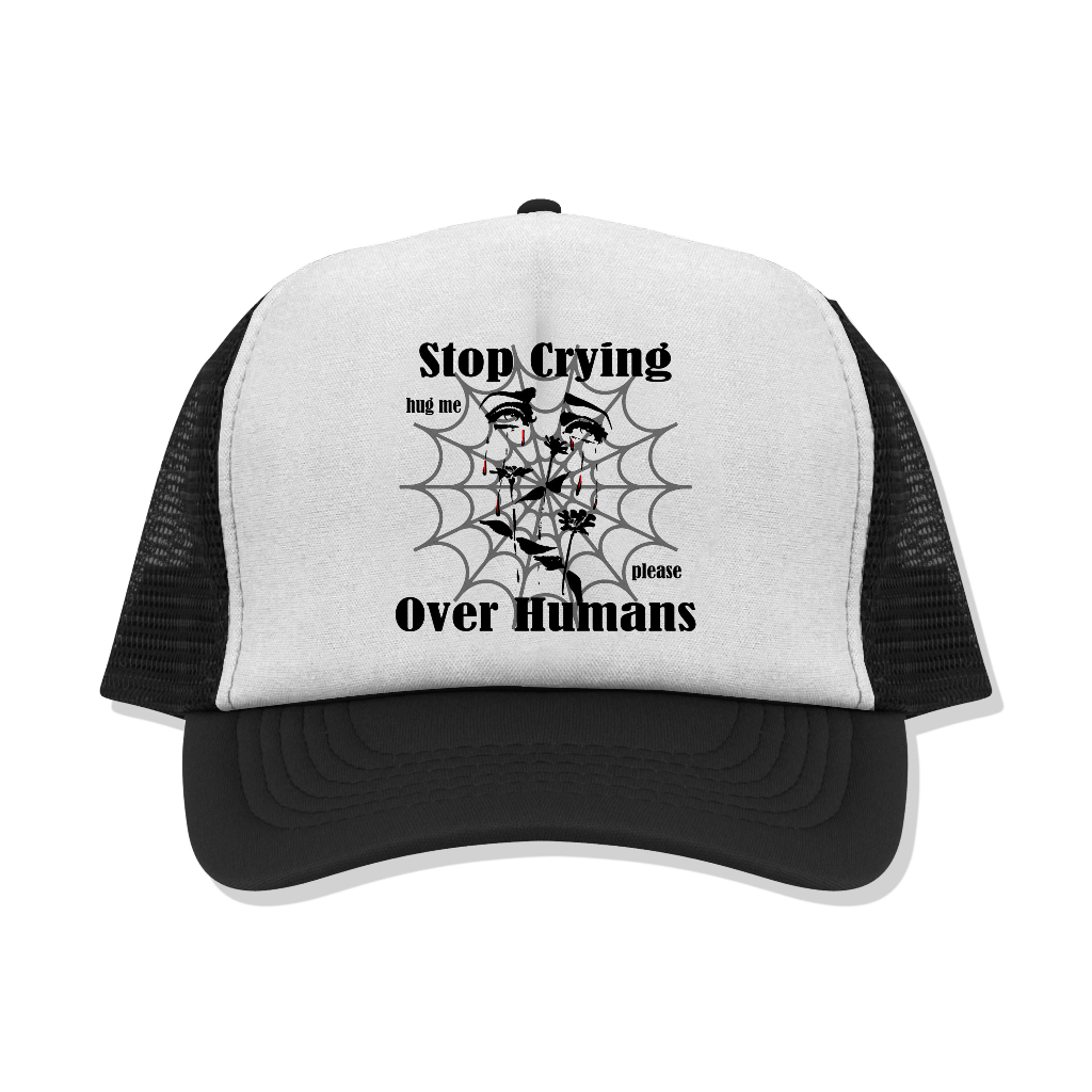 Trucker Hat Y2k Lazyscratch - Stop Crying Black And white - Topi Jaring Unisex.