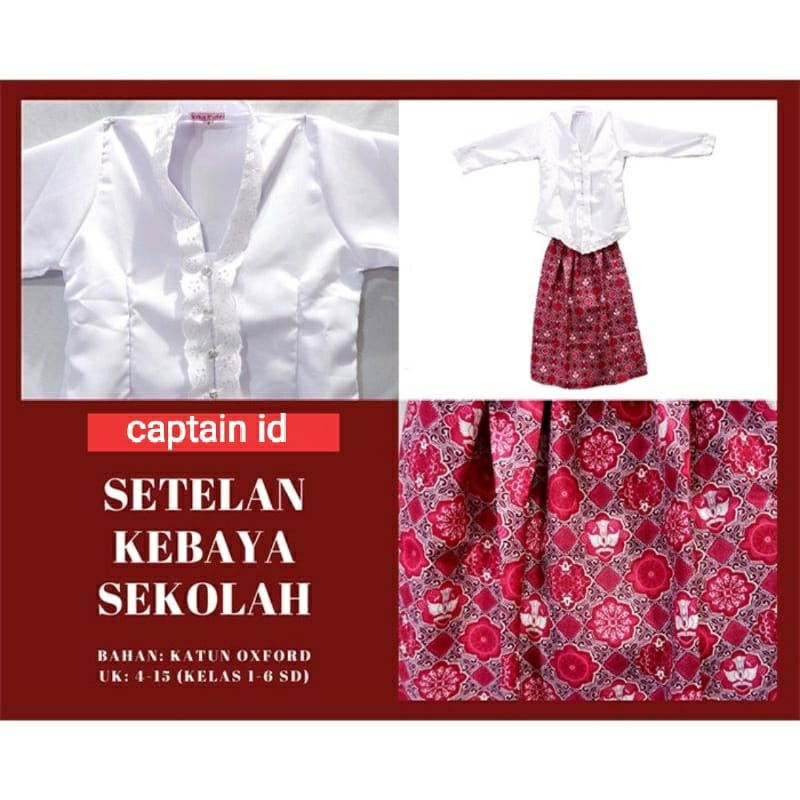Setelan Kebaya Anak Putih Merah  Seragam Sekolah  SD Pakaian Baju Adat Perempuan Sunda Encim