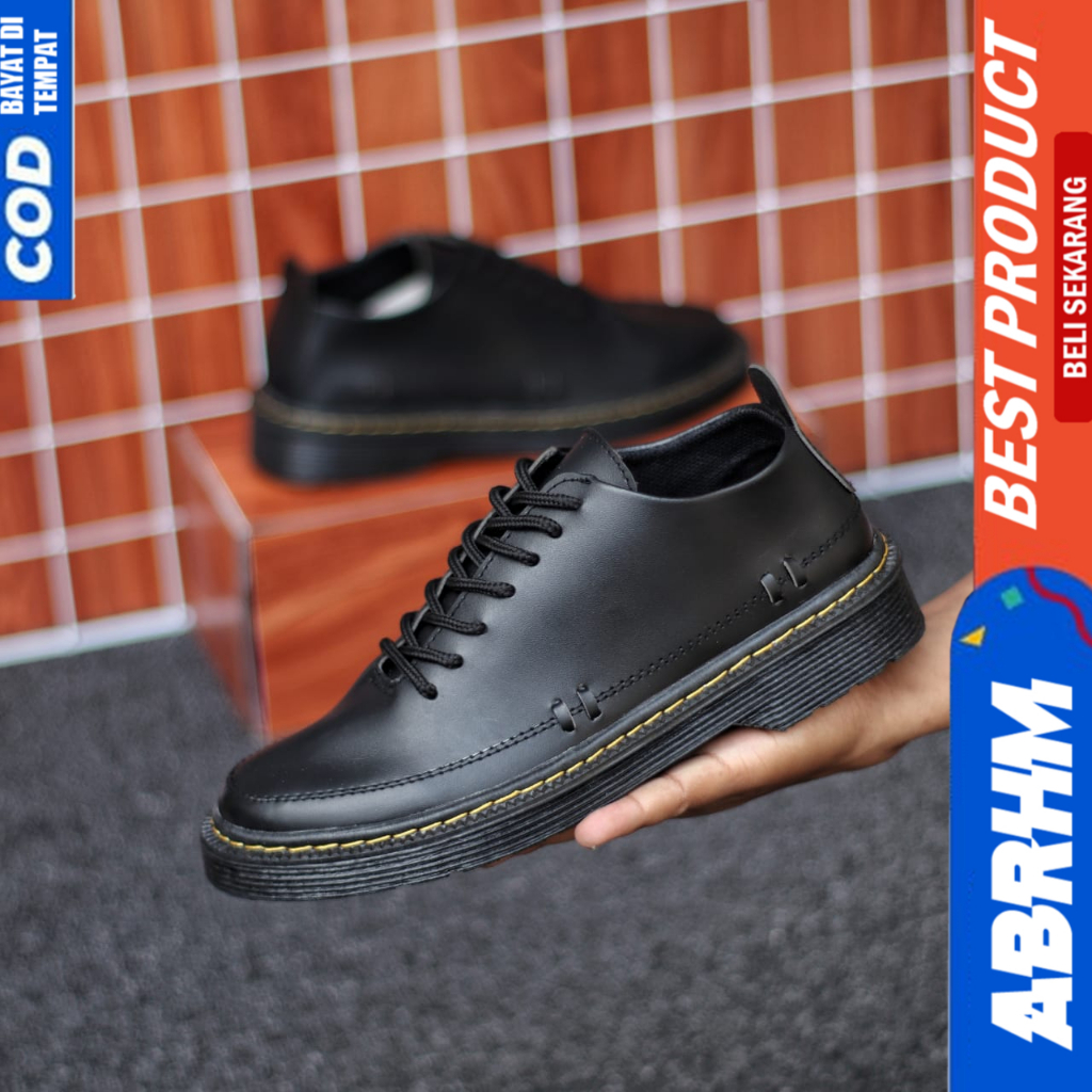 ABRHM Sepatu Formal Pantofel Docmart Hitam Tali Casual Kulit Pu Kerja Hitam Pria