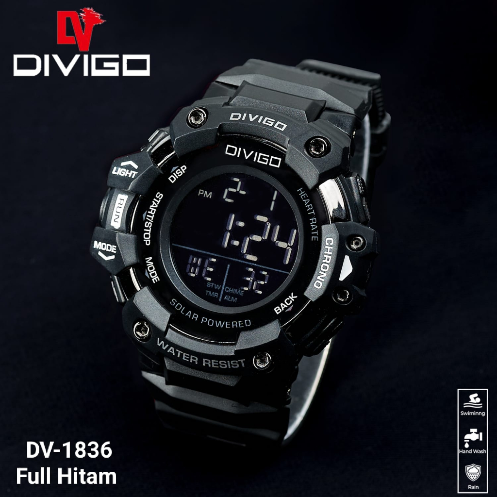 Jam tangan Pria Divigo Digital Sport 1836 Strap Rubber Original Tahan Air-Full Hitam