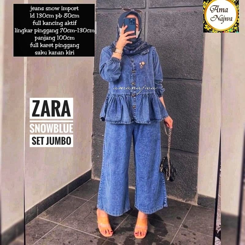 Zarra Jizzy One Set Setelan Celana Kulot Blouse Jeans Snow Ld 130 Jumbo Fit XXXL Busui Kancing By Am