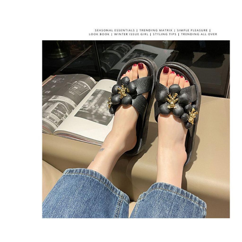 GROSIRTAS TG1282 Sandal Wedges Wanita Import Motif Bunga Bear Fashion