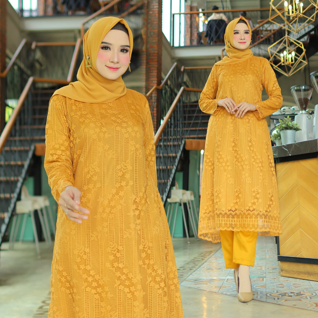 Setelan Tunik Wanita Bahan Brukat + Celana Bahan Moscrepe Set Malika HOPYLOVY