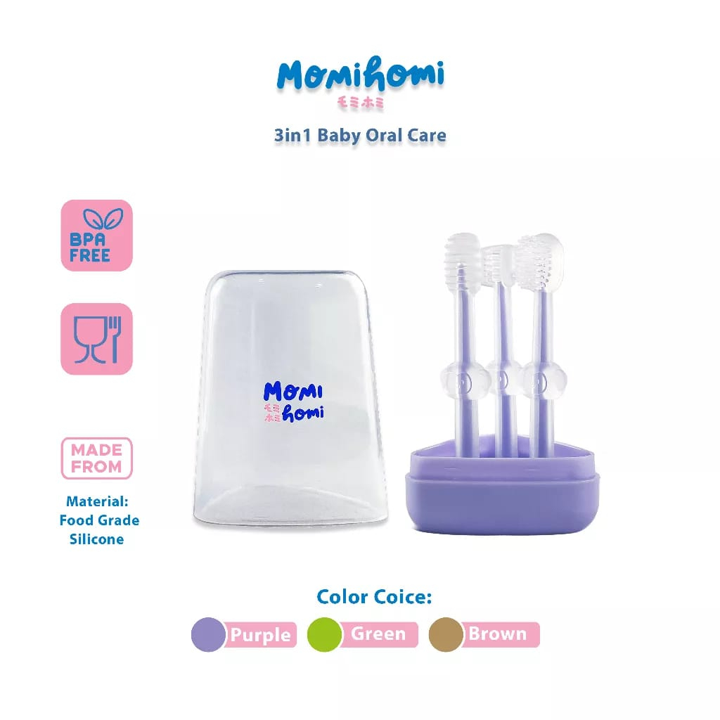 Momi Homi Baby Oral Care 3 in 1 Pembersih Mulut Bayi Sikat Gigi &amp; Lidah Bayi Silicone Baby Toothbrush Silikon Sikat Gusi 3004