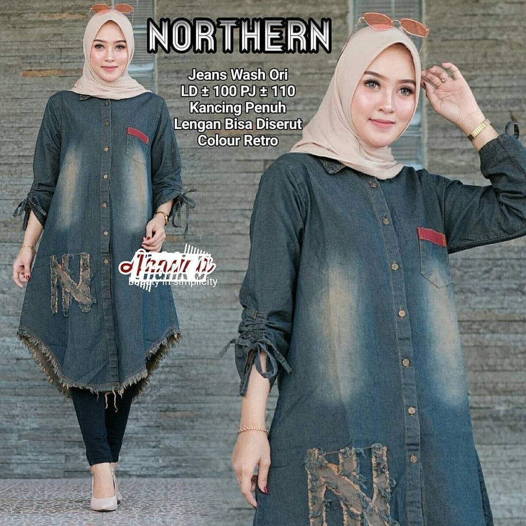 BARCY STYLE Nothtern Tunik Bahan Jeans Wash Ukuran Fit To XL Atasan Jeans Wanita Lengan Panjang Terl