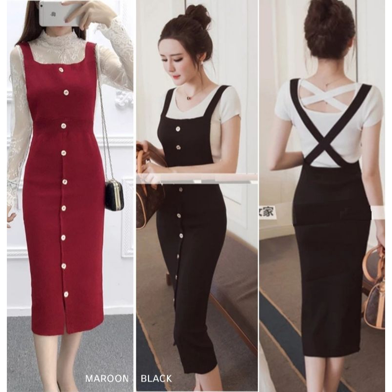 6111 (Tanpa INNER) Baju overall mididress rajut hitam maroon coklat polos dres Korea Korean style wa