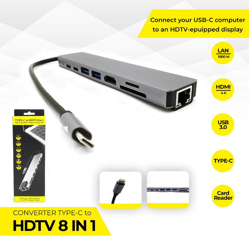 Converter Type C Hub 8in1 / USB Hub TYPE C to HDMI USB Card Reader Lan