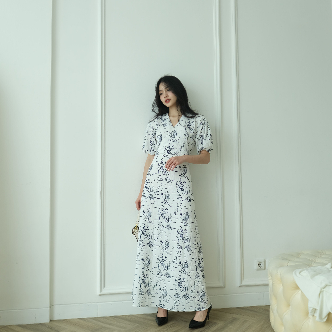 Mardie Dress - Long V Neck Dress - Casual Korean Fashion