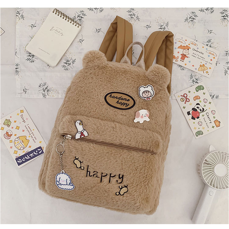 Tas Ransel Wanita Bulu Beruang Happy Bear Backpack Feather Ransel Perempuan Lucu Sekolah Menengah Tas Bordir Mewah Ransel Pasang Kapasitas Besar