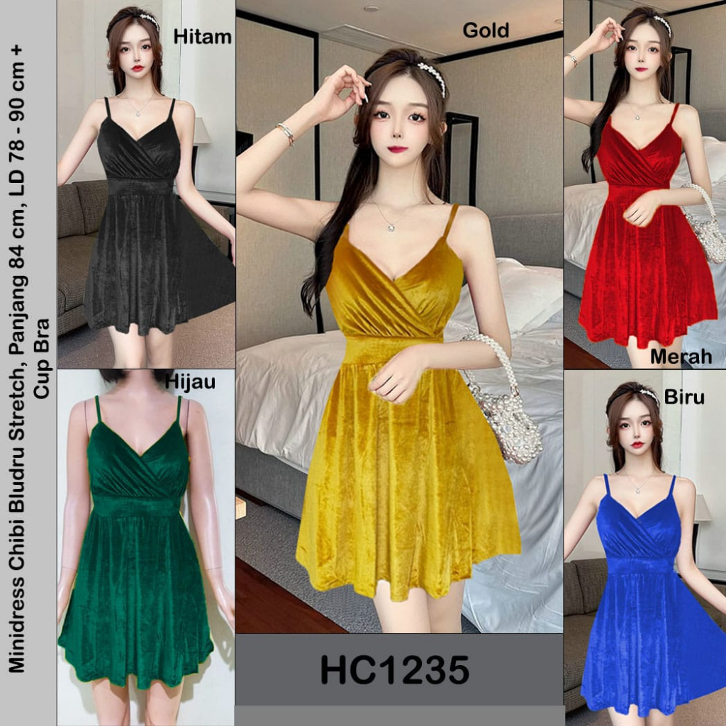 HC1235 Mini Dress Chibi Bludru/Velvet Cup Bra Stretch Motif Polos Tanpa Lengan Sexy