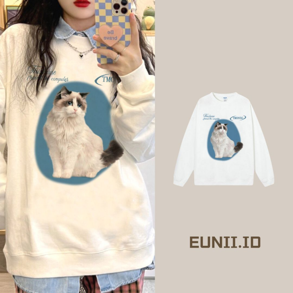 EUNII Sweater Lengan Panjang Cartoon Puppet Cat Printing Korean Style/Sweater Crop/Baju Wanita/Switer Wanita/Switer