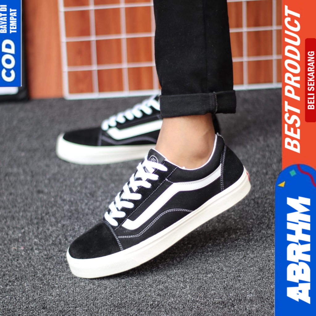 ABRHM Sepatu Sneakers Ukuran Besar 38-47 Oldschool Clasik Hitam Sekolah