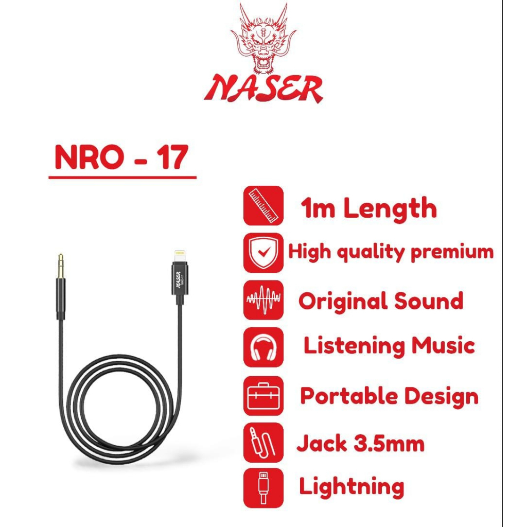 ASER KABEL LIGHTNING TO AUX 3.5MM NRO-17 / Converter Spliter Lightning Audio Cable to Jack 3.5mm Plug 1M