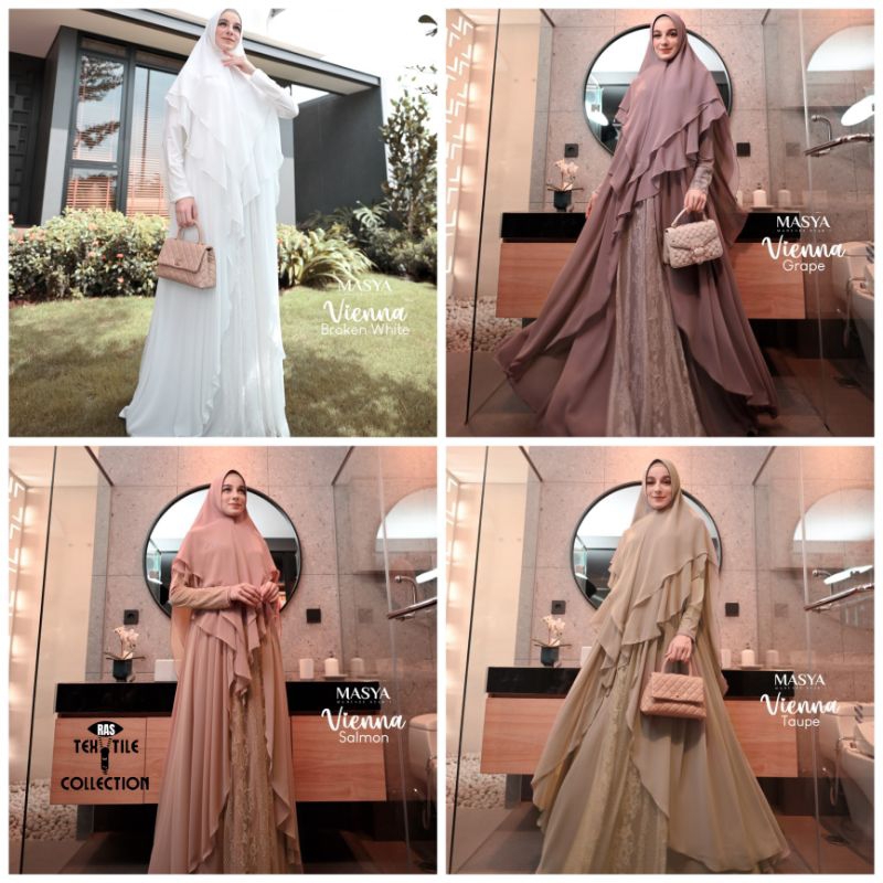 Set Gamis Dress Ceruty Babydoll Brukat Brokat Chantily Premium Syari Branded Khaki - Putih Tulang - 