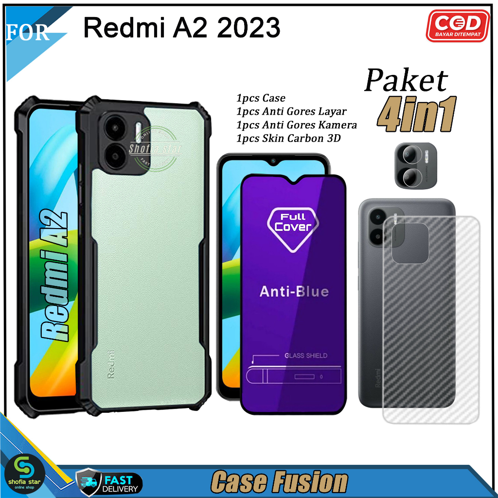 PAKET 4in1 Case Redmi A2 2023 Soft Case Fusion Shockproof Transparan Casing