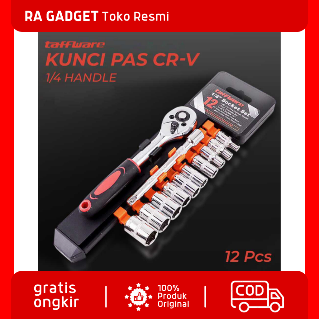 Kunci Pas Ring CR-V Drive Socket Wrench Set 1/4 Handle 12 PCS Anti Slip / Soket Kunci Ring Shock Kon