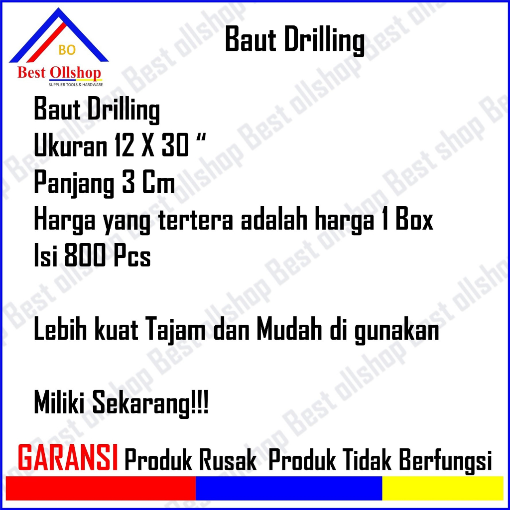 Baut Drilling Sekrup Roofing Baja Ringan 12 x 30 Panjang 3 Cm Harga 1 Box