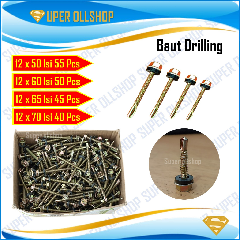 Baut Baja Ringan Drilling 12X50 5 Cm / Sekrup Roofing Kuning12X60 6 Cm / Baut Skrup Driling 12X65 6.5 Cm 12X70 7 Cm Ecer