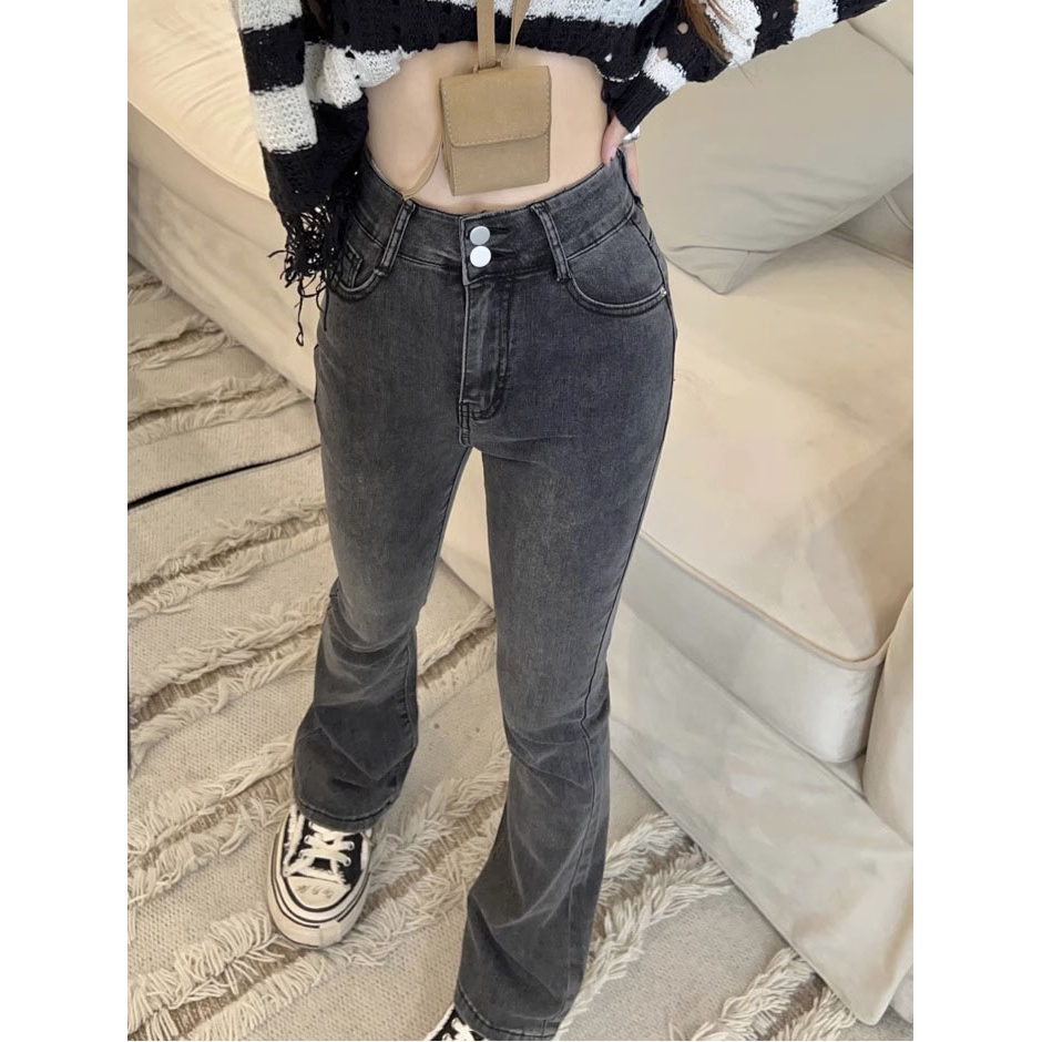 Celana Cutbray Jeans  Wanita Stretch Highwaist Import Hitam / Abu abu