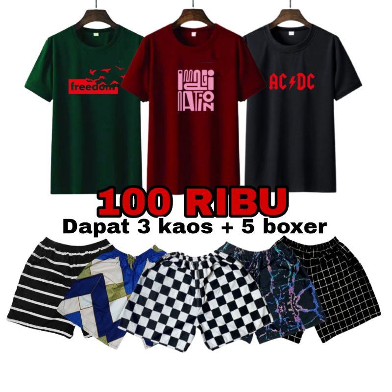 PROMO 100 RB DAPET 3 KAOS + 5 BOXER PRIA WANITA