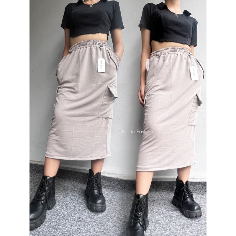 Alexa Cargo Skirt - Rok Midi Wanita Import - Cargo Pocket - Rok Kargo Korea