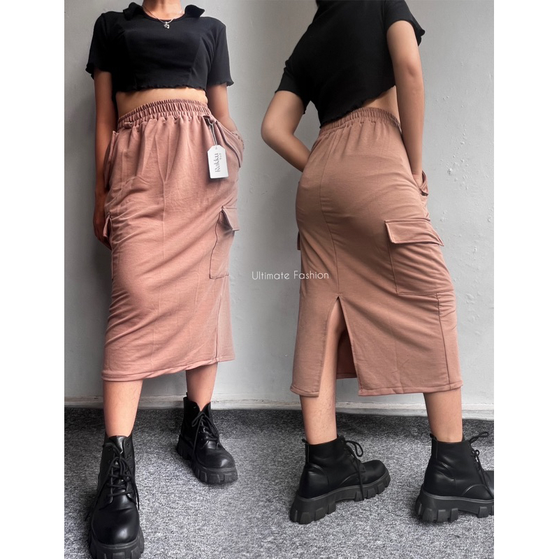 Alexa Cargo Skirt - Rok Midi Wanita Import - Cargo Pocket - Rok Kargo Korea