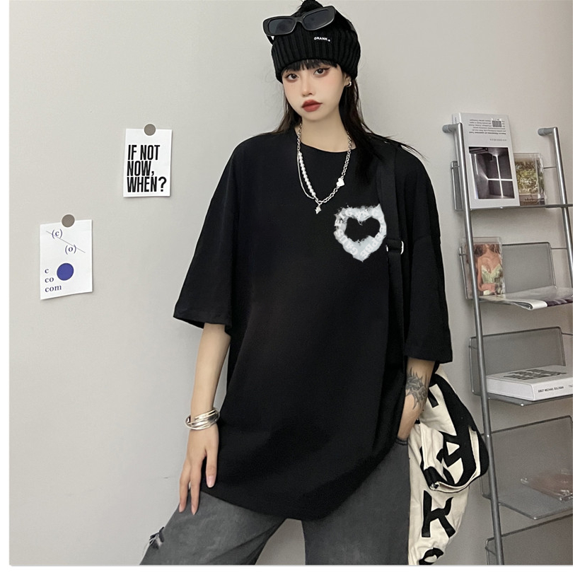 XIAOZHAINV Korean Style Kaos Atasan Wanita Smoke Heart Pattern Lengan Pendek A0910