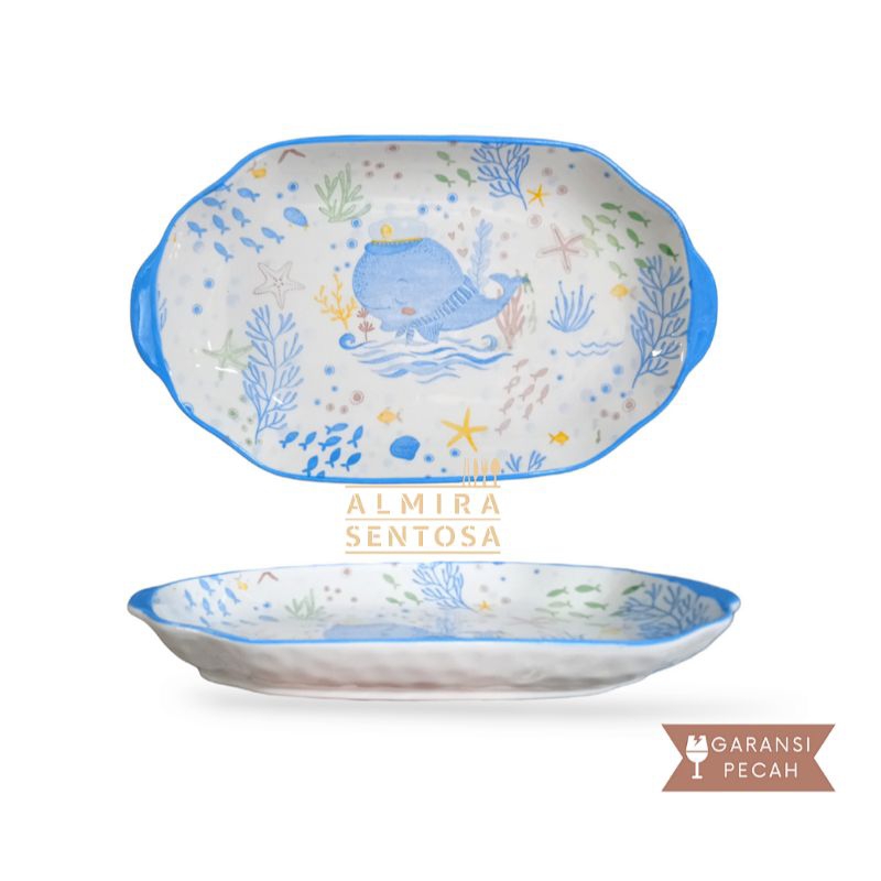 Blue Whale Pattern Dinner Set- Piring Makan Keramik Putih Biru Motif Paus