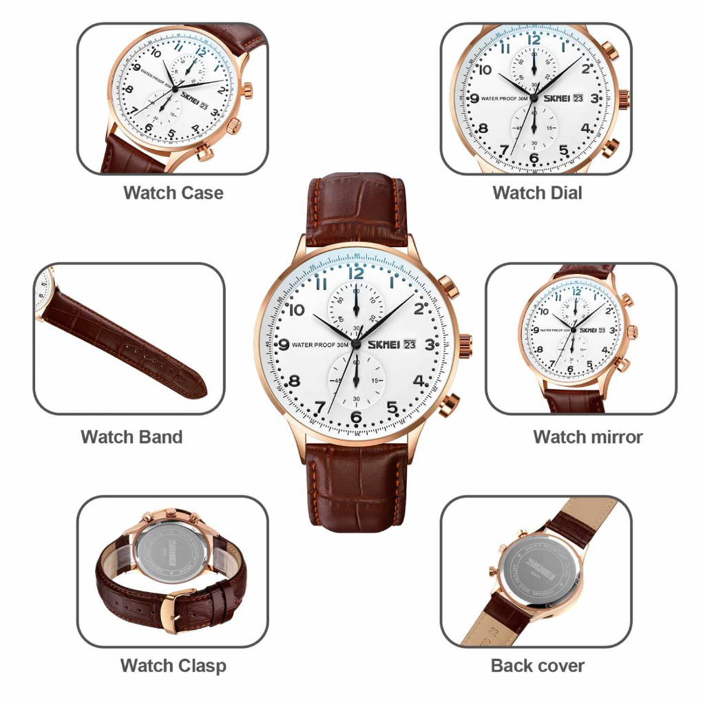 Jam Tangan Pria Analog Stopwatch Leather Strap Waterproof 30M Jamtangan Cowok Kekinian Desain Premium Anti Air