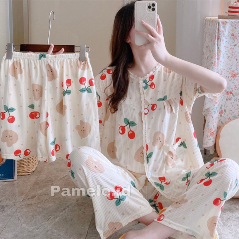 Pamelo Piyama 3in1 Baru Stelan Piyama Import Baju Tidur Import Pakaian wanita Korea Style