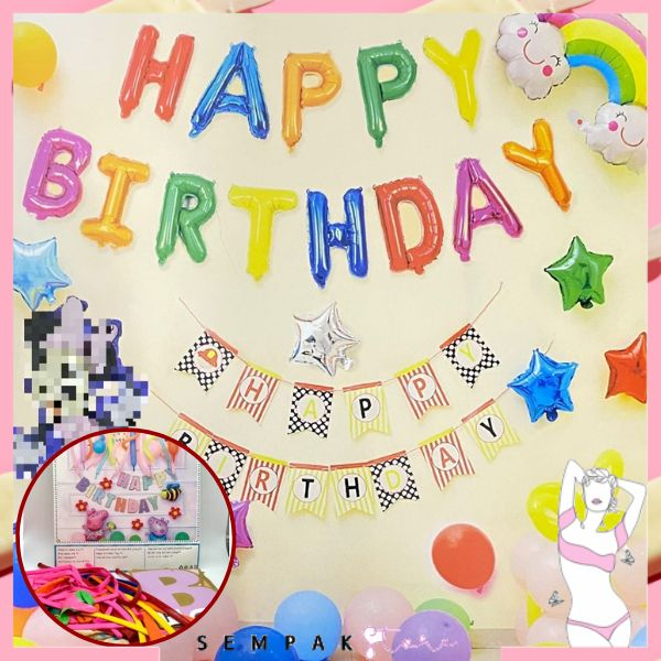 SS Set Banner Bunting Balon Foil HAPPY BIRTHDAY Karakter Pig Mouse Backdrop Paket Ulang Tahun Dekorasi Latar Belakang Karakter Balon Banner Perlengkapan Pesta Ulang Tahun