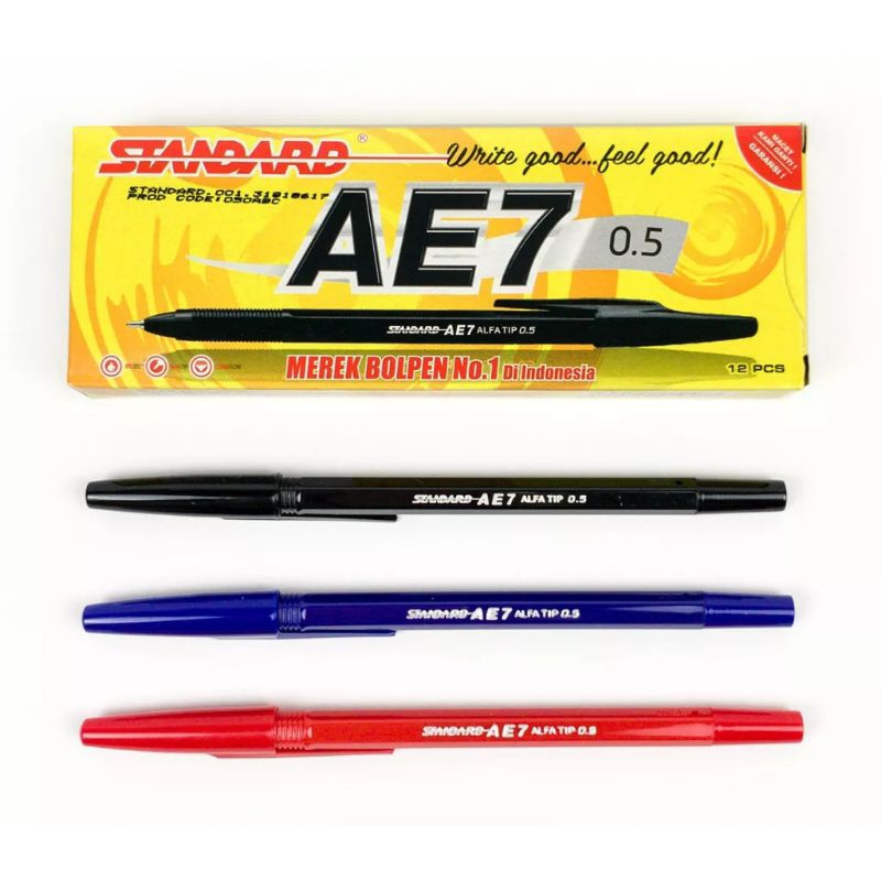 Bolpoin Pen Standar AE7  / Pulpen Standard Hitam Biru Merah