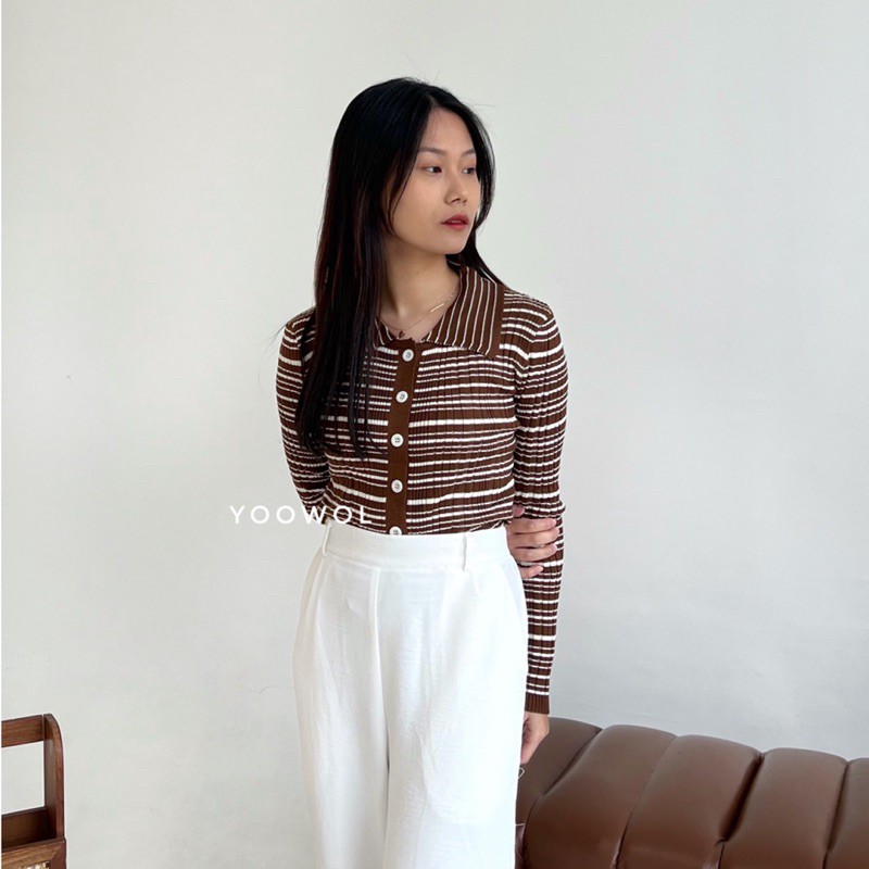 Kyo Knit Cardigan / Cardigan Stripe Lengan Panjang Atasan Wanita Knit Lengan Panjang