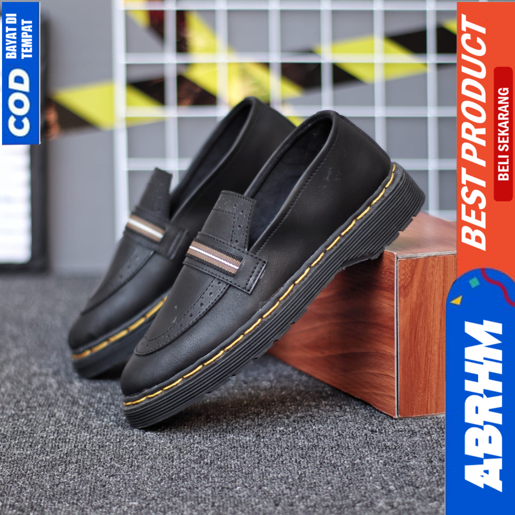 ABRHM Sepatu Loafers Formal Pantofel Docmart Kerja Hitam Pria