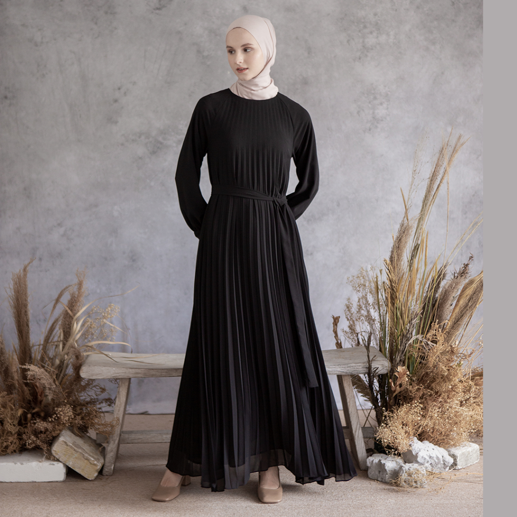 Keshvari by Aska Label - Gamis wanita plisket dress pleats cantik elegan lengan panjang dengan ikat pinggang